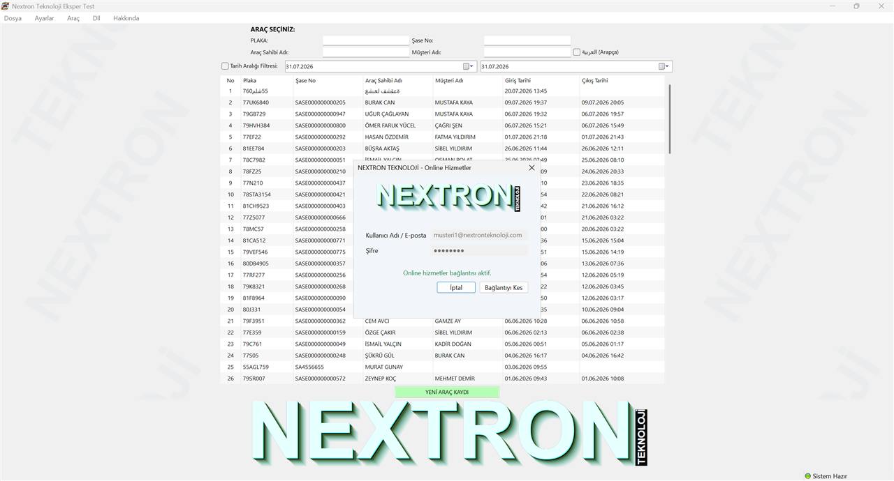 Nextron online hizmetler ekranı